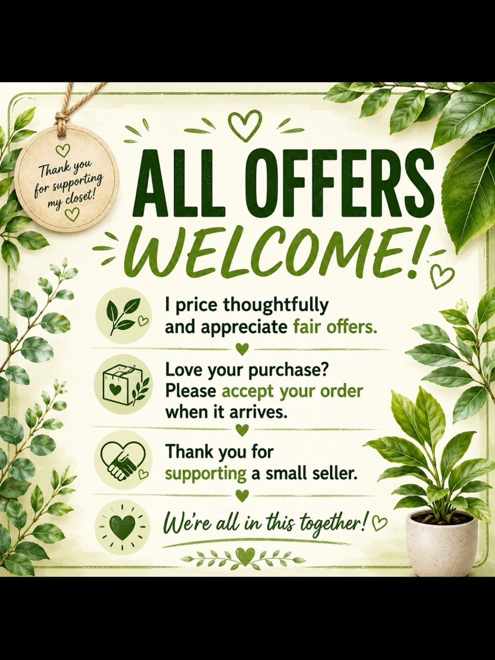 All Offers Welcome Green Botanical Sign